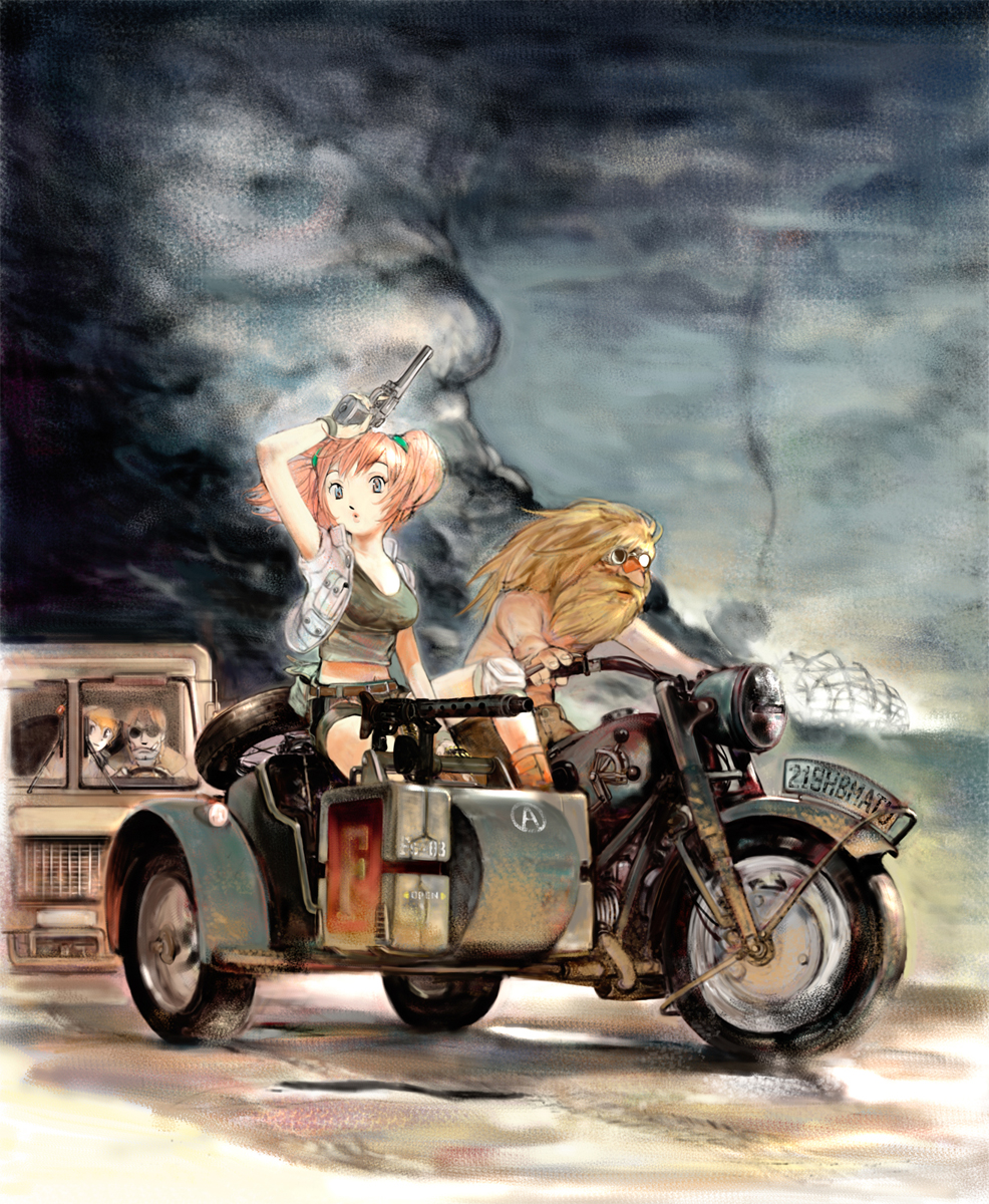 beard, belt, blonde_hair, breasts, car, cleavage, cloud, clouds