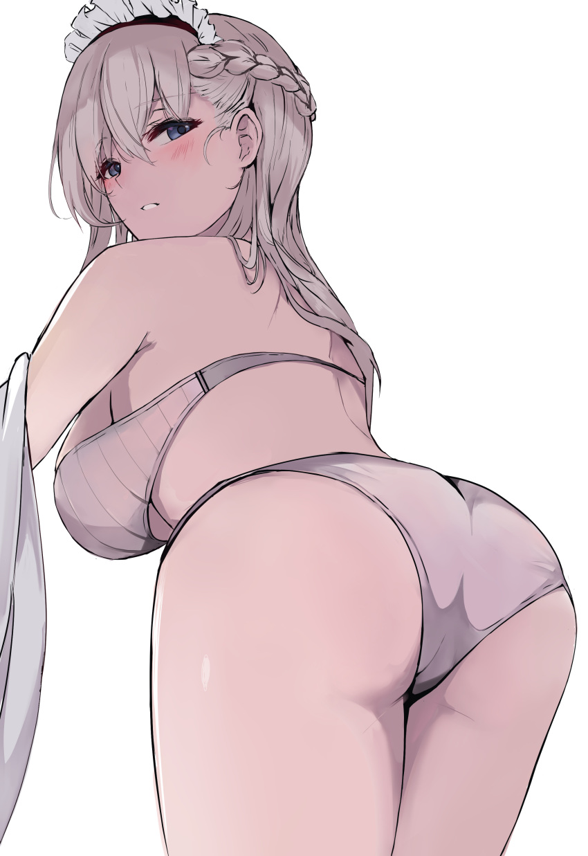 1girl, absurdres, ass, azur_lane, bangs, belfast_(azur_lane), blue_eyes, blush, bra, braid, breasts, clothes_removed, eyebrows_visible_through_hair, highres, large_breasts, liaowen, long_hair, looking_at_viewer, looking_back, maid_headdress, open_mouth, panties, silver_hair, simple_background, standing, teeth, underwear, white_background, white_bra, white_panties