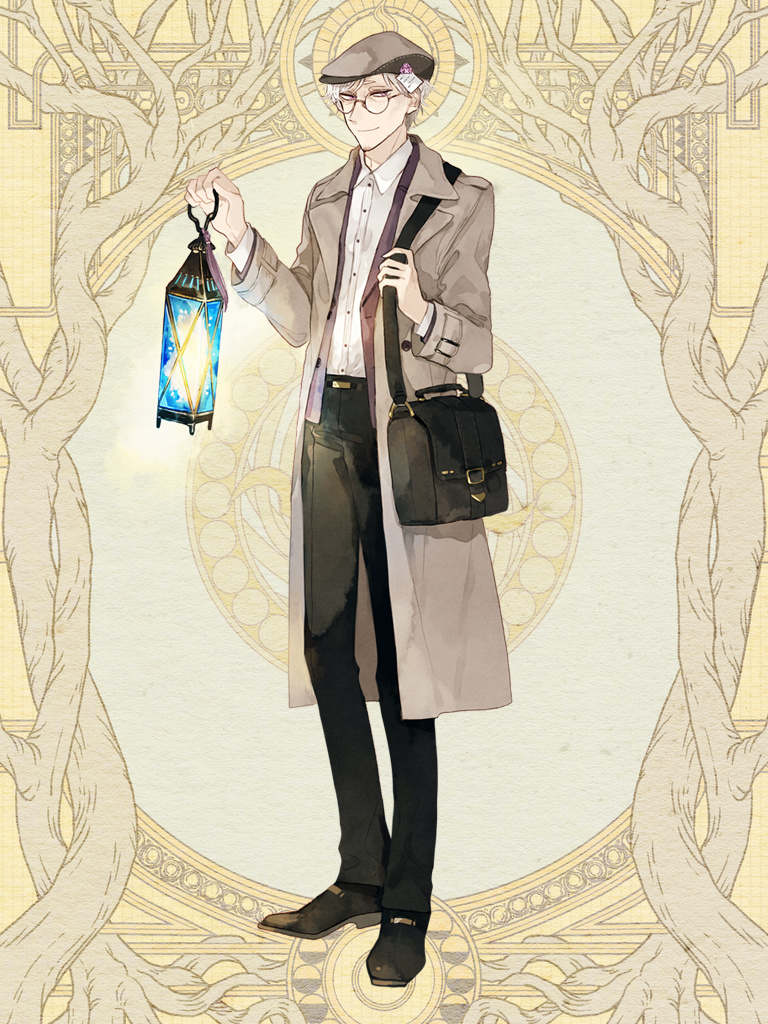 1boy, bag, black_footwear, black_pants, brown_coat, brown_headwear, coat, commission, dairoku_youhei, full_body, glasses, handbag, lantern, lilac_earl_owls, long_sleeves, looking_at_viewer, male_focus, pants, shirt, simple_background, solo, standing, white_shirt
