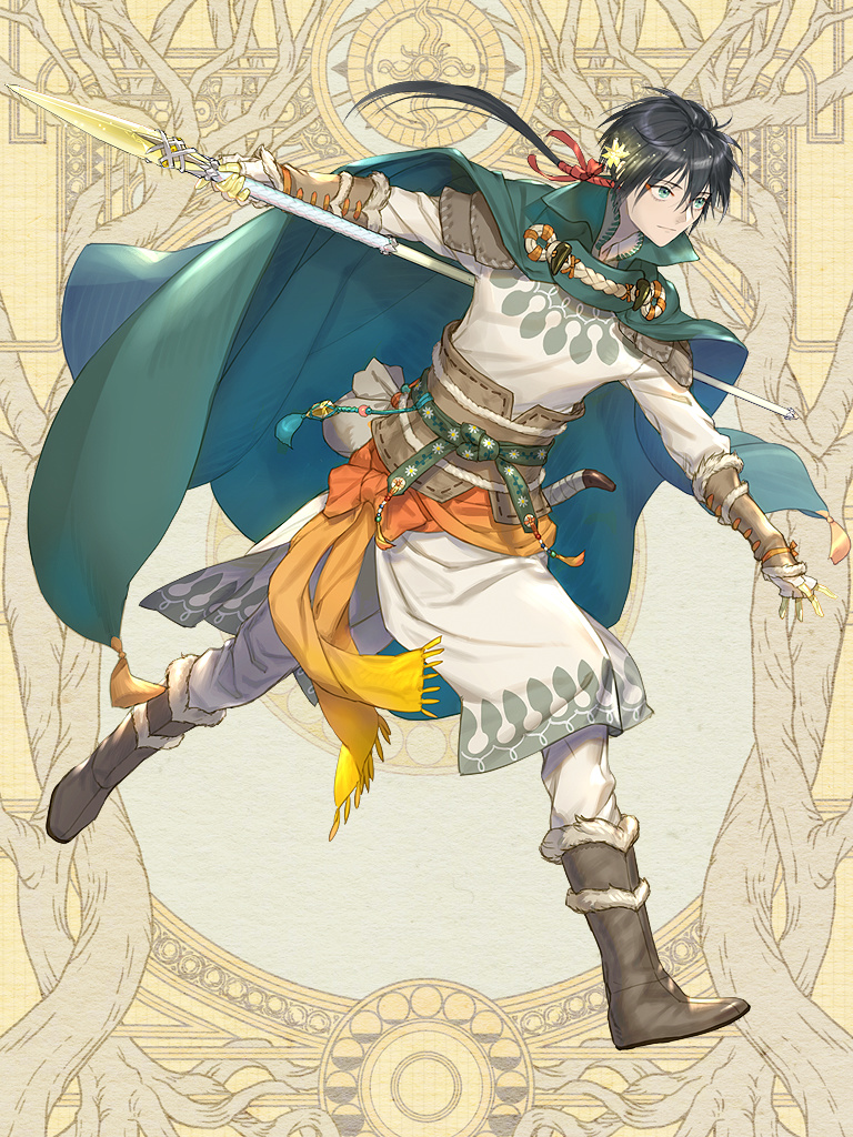 1boy, black_hair, blue_eyes, boots, bracer, brown_footwear, cape, commission