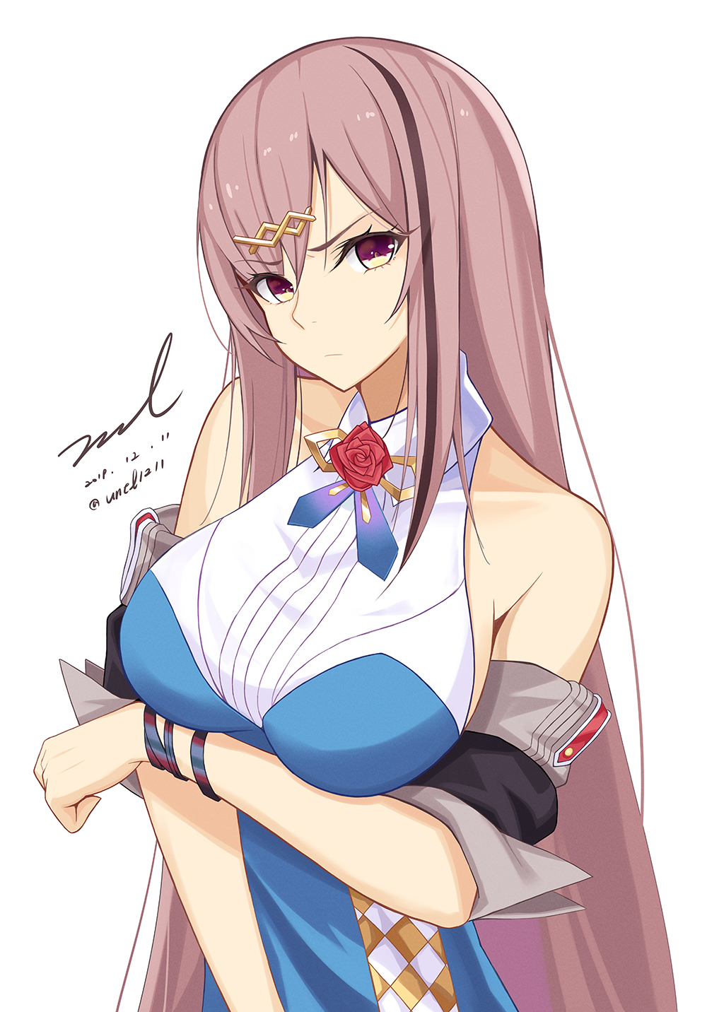 1girl, bare_shoulders, blue_dress, breast_hold, breasts, brown_hair, closed_mouth, collared_dress, dated, detached_sleeves, dress, flower, frown, girls_frontline, hair_ornament, highres, large_breasts, long_hair, looking_at_viewer, mat-49_(girls_frontline), multicolored_hair, red_flower, rose, signature, simple_background, solo, streaked_hair, twitter_username, unel, upper_body, v-shaped_eyebrows, very_long_hair, violet_eyes, white_background, wing_collar