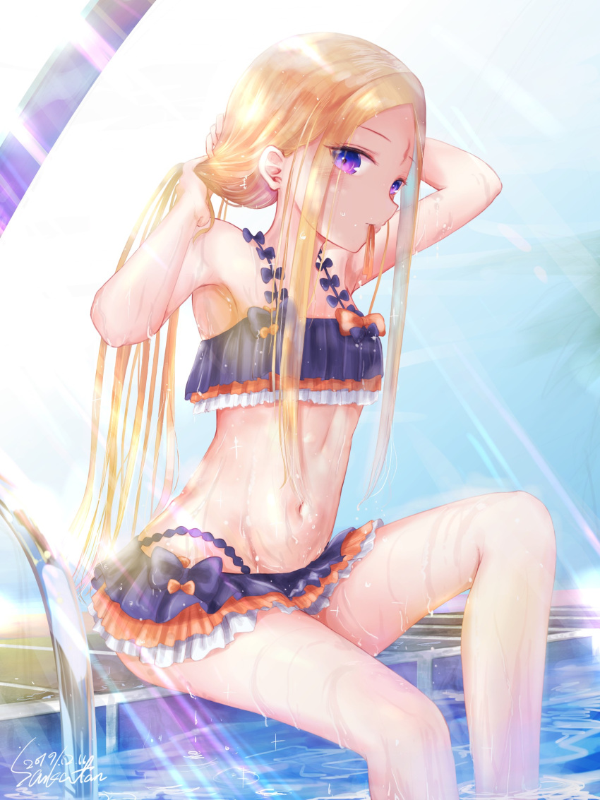 1girl, abigail_williams_(fate/grand_order), absurdres, bangs, bare_arms, bare_shoulders, bikini, black_bikini