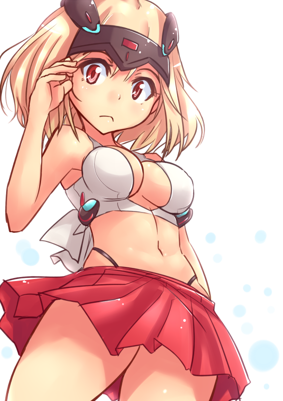 1girl, arm_behind_back, bangs, black_panties, blonde_hair, breasts, closed_mouth, commentary_request, cowboy_shot, crop_top, darius, darius_burst, frown, headgear, highleg, highleg_panties, kitayama_miuki, looking_at_viewer, medium_breasts, microskirt, navel, panties, pleated_skirt, red_eyes, red_skirt, shirt, short_hair, simple_background, skindentation, skirt, solo, standing, ti2, underwear, white_background, white_shirt