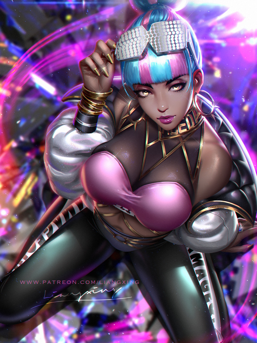 1girl, adjusting_eyewear, bangs, blue_hair, blunt_bangs, bracelet, breasts, dark_skin, earrings, english_commentary, eyeshadow, eyewear_on_head, from_above, hair_bun, highres, hoop_earrings, jewelry, league_of_legends, liang_xing, lipstick, looking_at_viewer, makeup, medium_breasts, multicolored_hair, nail_polish, off-shoulder_jacket, pink_hair, purple_lipstick, qiyana_(league_of_legends), quilted_coat, signature, solo, true_damage_(league_of_legends), true_damage_qiyana, two-tone_hair, watermark, web_address, yellow_eyes
