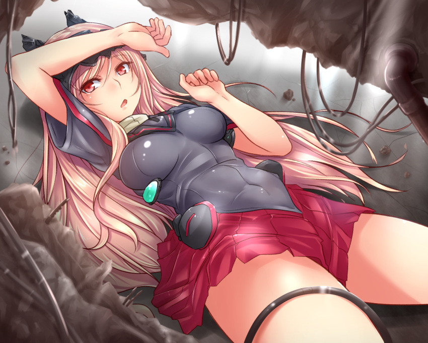 1girl, arm_over_head, arm_up, bangs, black_shirt, blonde_hair, blurry, blurry_foreground