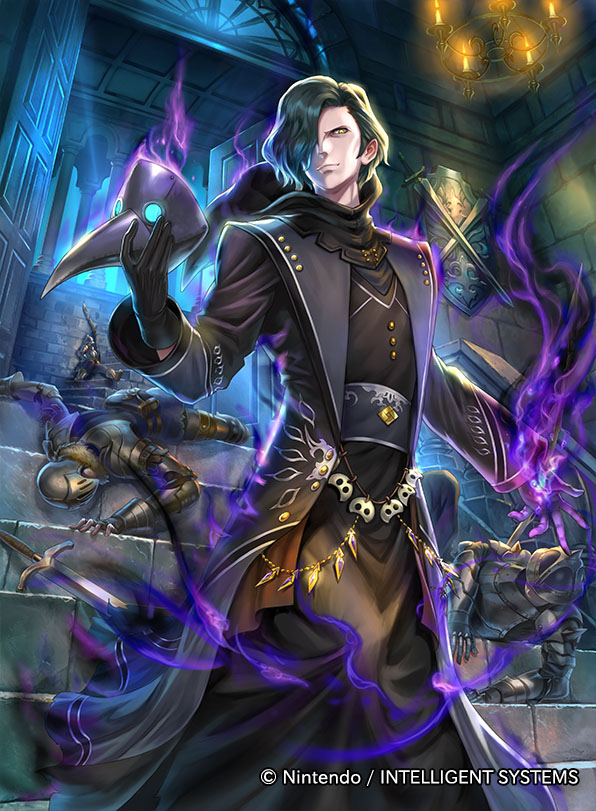1boy, alternate_costume, armor, belt, black_hair, candle, faceless, faceless_male, fire, fire_emblem, fire_emblem:_three_houses, fire_emblem_cipher, gloves, hair_over_one_eye, helmet, hubert_von_vestra, mask, mask_removed, official_art, shield, solo, sword, taneda_kazuhiro, weapon, yellow_eyes