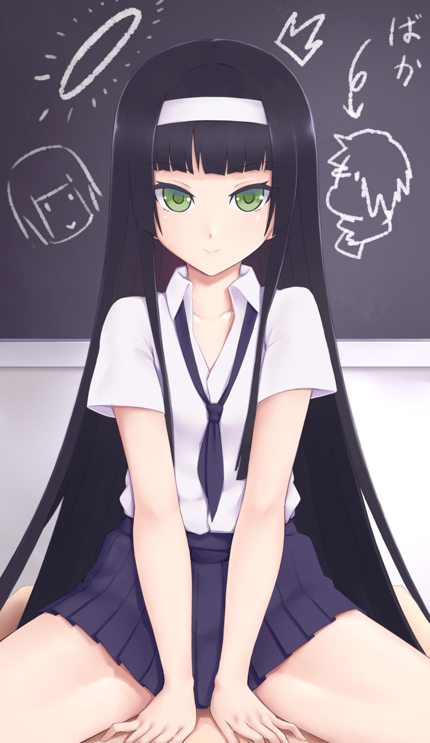 1girl, bangs, between_legs, bishoujo_mangekyou, black_hair, black_neckwear, black_skirt, chalkboard