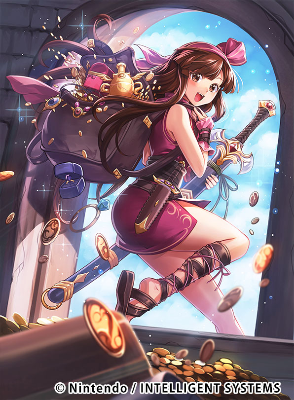 1girl, bag, belt, blush, brown_eyes, brown_hair, chachie, coin, dagger, daisy_(fire_emblem), fire_emblem, fire_emblem:_genealogy_of_the_holy_war, fire_emblem_cipher, gem, headband, jewelry, long_hair, official_art, open_mouth, ring, sandals, sky, solo, sparkle, sword, teeth, weapon, window