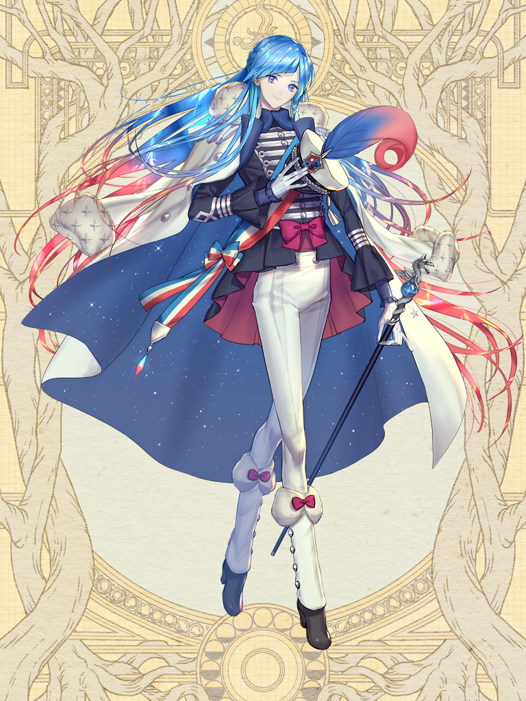 1girl, blue_cape, blue_eyes, blue_hair, cape, commission, dairoku_youhei, full_body, gloves, gradient_hair, hat, hat_removed, headwear_removed, infospikee, jacket_on_shoulders, long_hair, long_legs, long_sleeves, multicolored_hair, pants, redhead, simple_background, smile, solo, staff, standing, white_gloves, white_pants