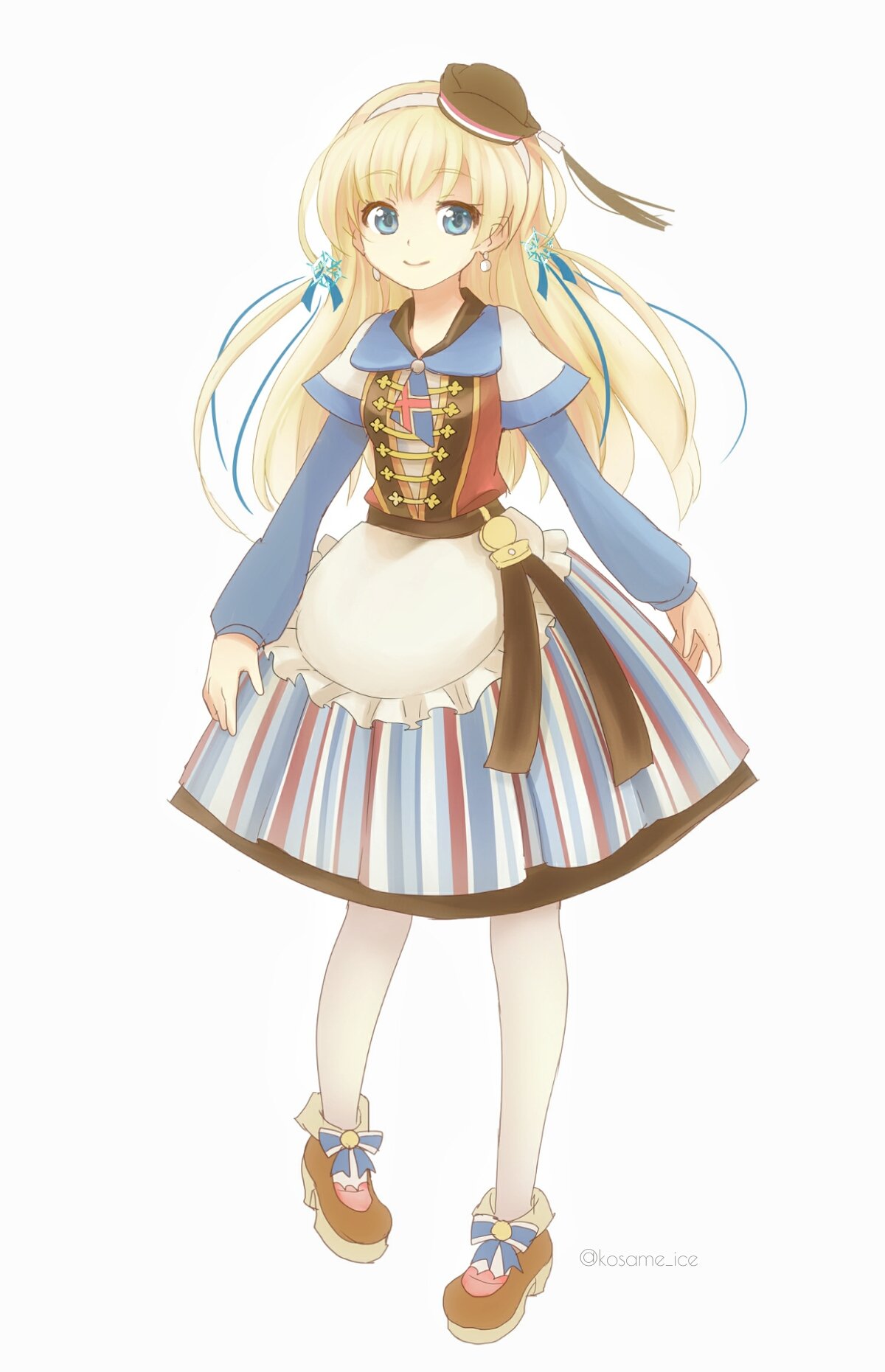 1girl, ankle_boots, black_headwear, blonde_hair, blue_dress, blue_eyes, boots, brown_hair, closed_mouth, commentary, dress, earrings, eyebrows_visible_through_hair, full_body, hair_ornament, hair_ribbon, hat, highres, jewelry, kosame_koori, krona_(kosame_koori), long_hair, long_sleeves, looking_at_viewer, medium_dress, mini_hat, multicolored, multicolored_clothes, multicolored_dress, original, pantyhose, ribbon, simple_background, smile, snowflake_hair_ornament, solo, standing, striped, twitter_username, vertical-striped_dress, vertical_stripes, white_background, white_legwear, white_ribbon