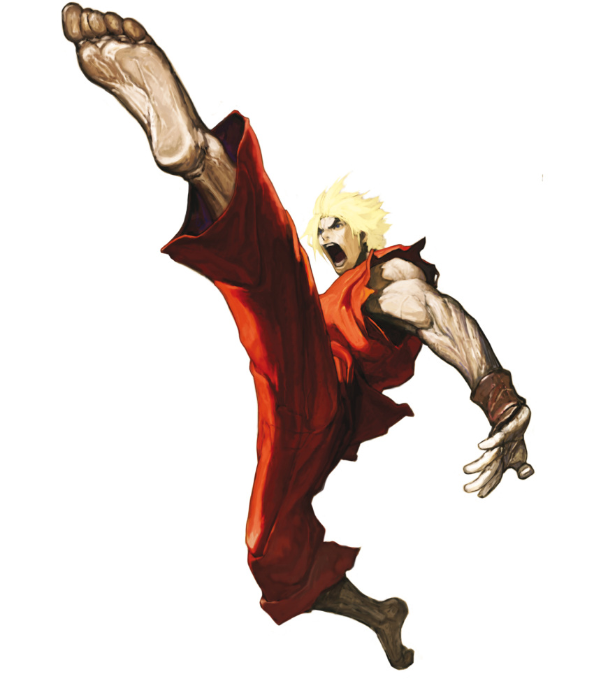 blonde_hair, capcom, dougi, feet, highres, ken_masters, kicking, male