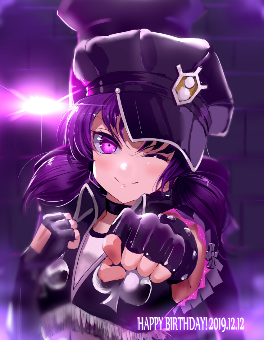 1girl, bangs, believe_again, birthday, black_gloves, clenched_hands, commentary_request, dated