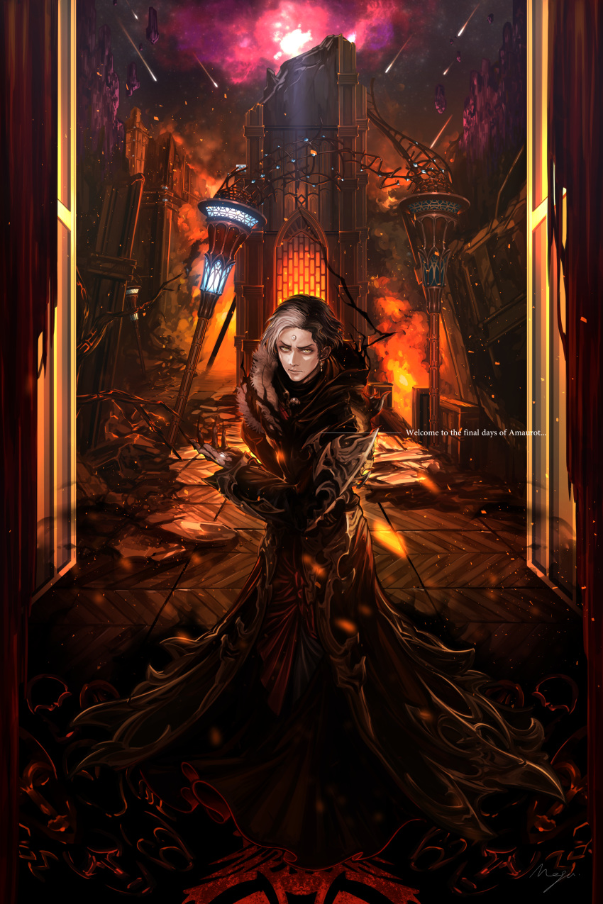 1boy, absurdres, apocalypse, beckoning, black_hair, bowing, building, closed_mouth