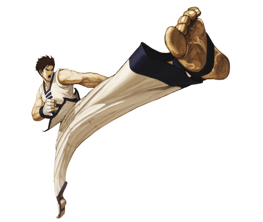 black_hair, dirty_feet, dougi, fatal_fury, feet, fingerless_gloves, gloves, highres, kaphwan_kim, kicking, kim_kaphwan, king_of_fighters, male, male_feet, male_only, muscle, nona, official_art, perspective, short_hair, snk, solo, svc_chaos