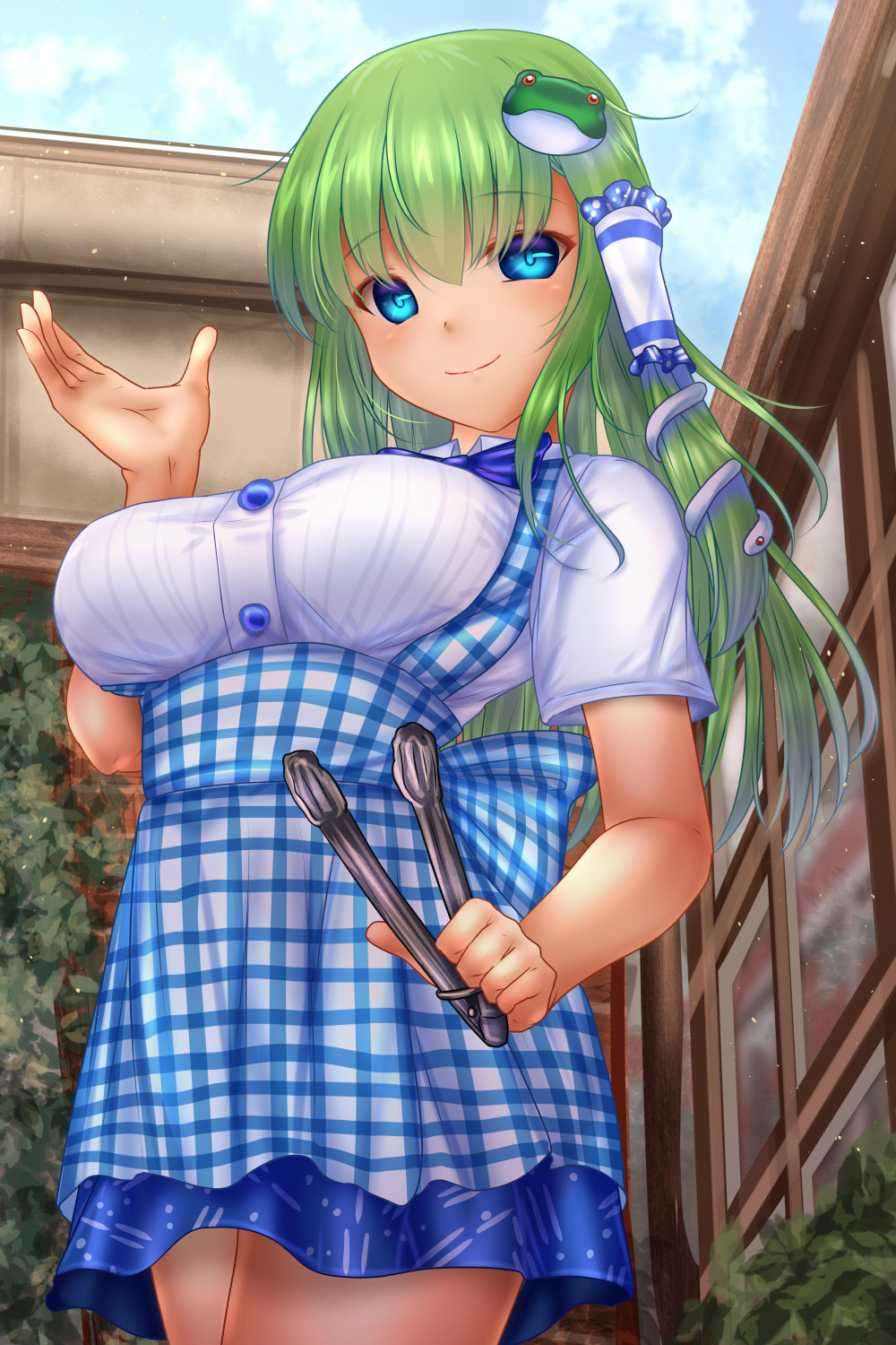 1girl, alternate_costume, apron, baker_outfit, blue_eyes, blue_skirt, blue_sky, bowtie