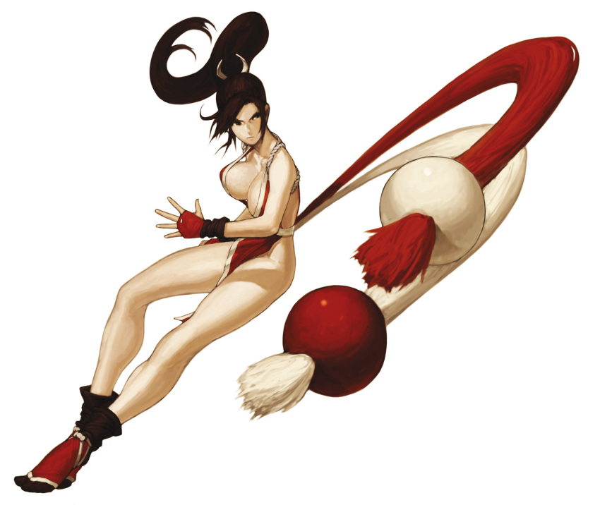 breasts, center_opening, clothes, fatal_fury, fingerless_gloves, gloves, highres, japanese, king_of_fighters, long_hair, long_legs, ninja, nona, official_art, ponytail, shiranui_mai, snk, solo, svc_chaos, tabi