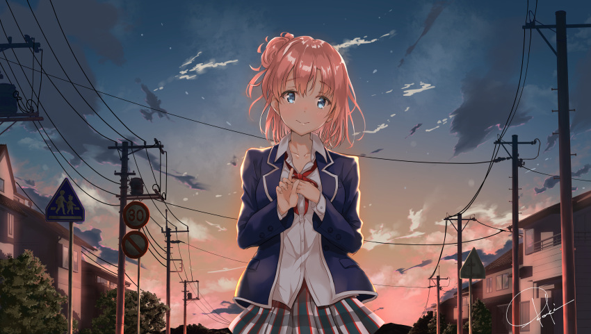 1girl, absurdres, blue_eyes, blue_jacket, blush, breasts, commentary_request, eyebrows_visible_through_hair, hair_bun, highres, huge_filesize, jacket, looking_at_viewer, okaki_wtvc3785, outdoors, pink_hair, pleated_skirt, red_ribbon, ribbon, school_uniform, short_hair, sign, signature, skirt, smile, solo, whtie_shirt, yahari_ore_no_seishun_lovecome_wa_machigatteiru., yuigahama_yui
