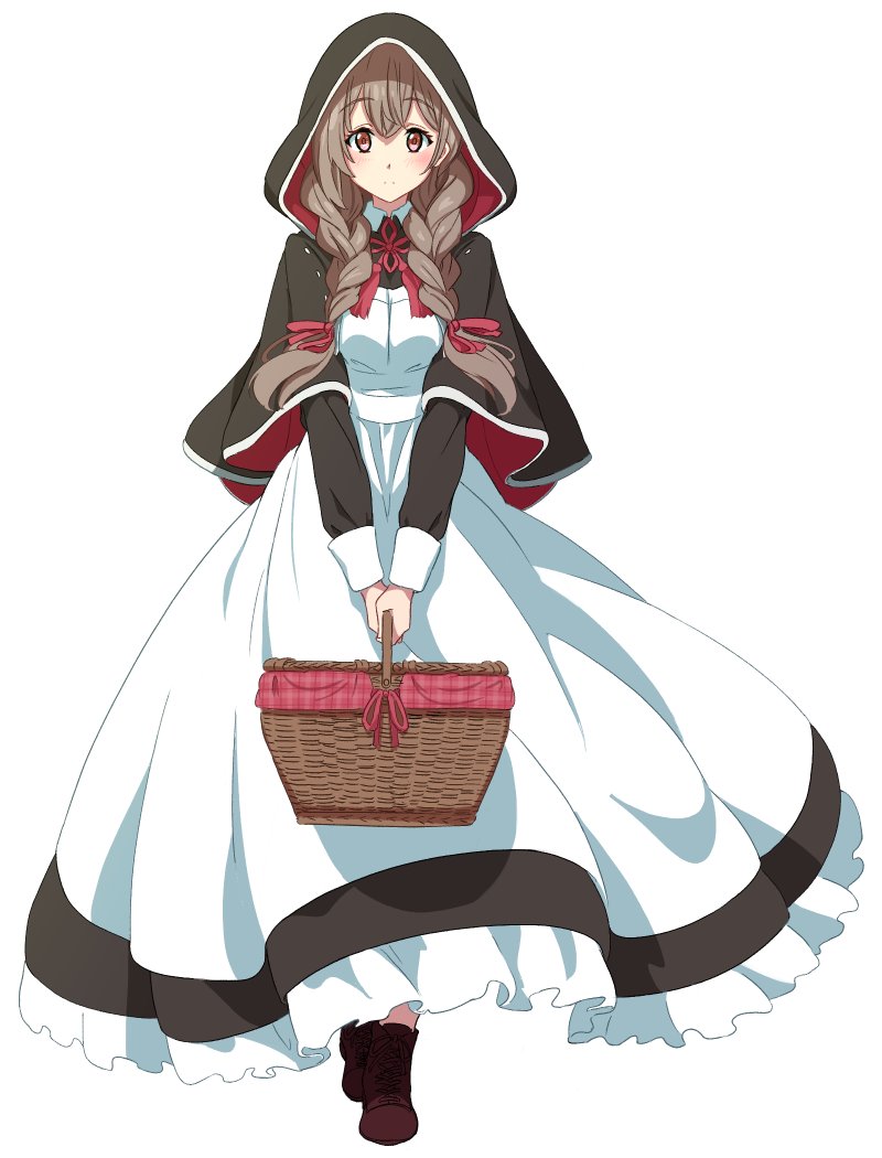 1girl, alternate_costume, ao_iro, apron, basket, blush, braid, breasts, brown_eyes, brown_footwear, brown_hair, capelet, closed_mouth, dress, enmaided, eyebrows_visible_through_hair, frills, hair_ribbon, holding, holding_basket, hood, hood_up, hooded_capelet, kantai_collection, long_hair, long_sleeves, maid, ribbon, shinshuu_maru_(kantai_collection), simple_background, solo, standing, twin_braids, white_apron, white_background