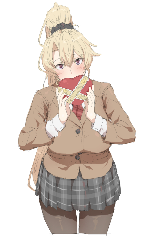 1girl, bangs, beige_jacket, blonde_hair, blush, box, breasts, buttons