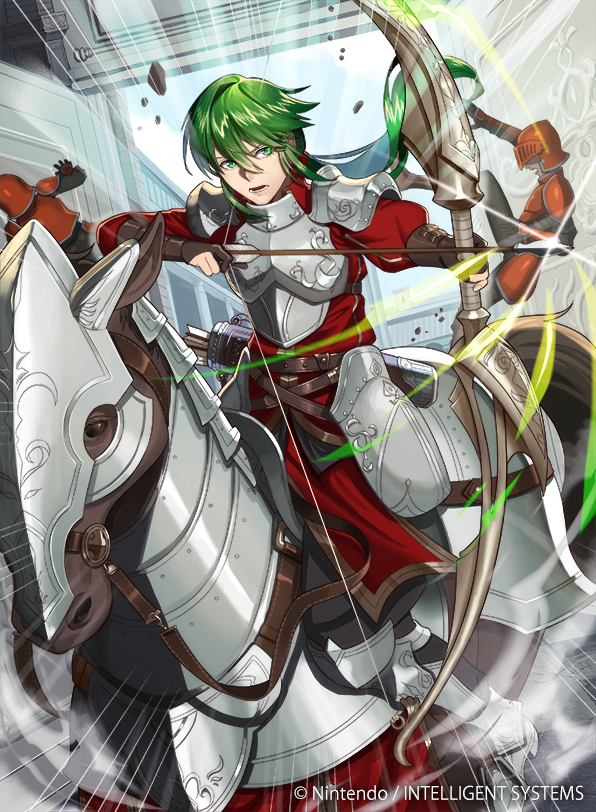 3boys, armor, arrow, battle, belt, black_gloves, blue_sky, bow_(weapon), day, fire_emblem, fire_emblem:_genealogy_of_the_holy_war, fire_emblem_cipher, glint, gloves, green_eyes, green_hair, hair_between_eyes, helmet, horse, horseback_riding, indoors, kyo_niku, long_hair, looking_at_viewer, male_focus, midir_(fire_emblem), multiple_boys, official_art, partly_fingerless_gloves, quiver, riding, saddle, sidelocks, sky, watermark, weapon