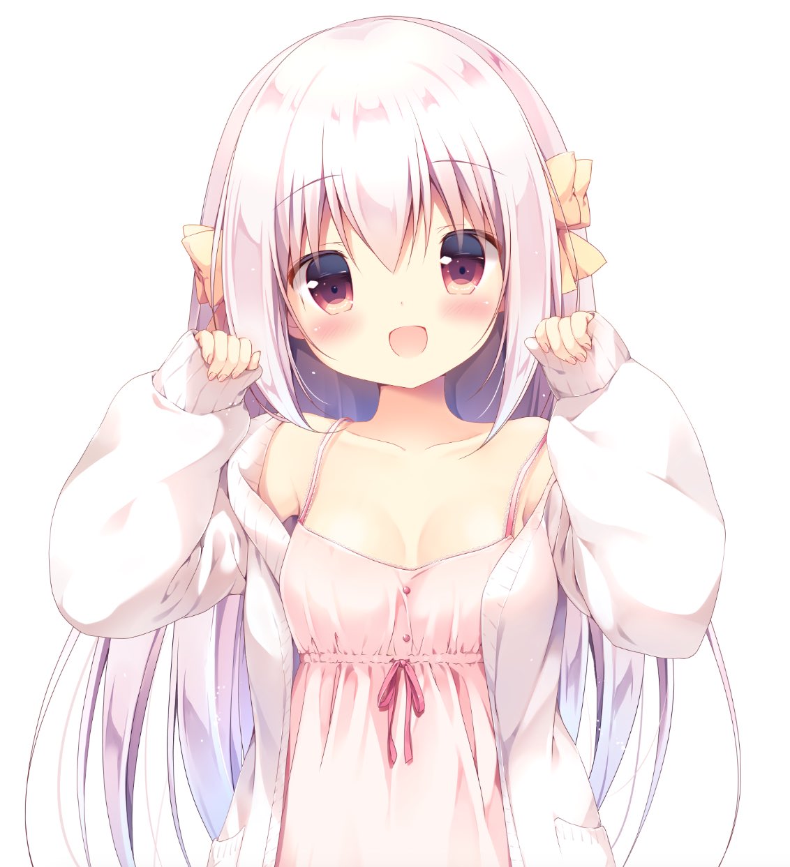 1girl, :d, bangs, bare_shoulders, blush, bow, breasts, collarbone