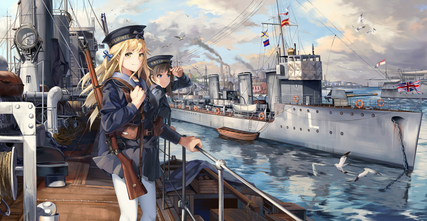 2girls, belt, bird, blonde_hair, blue_eyes, bolt_action, bow, brown_hair, chinese_commentary, commentary_request, destroyer, gun, hair_bow, harness, hat, hat_bow, hms_laforey_(1913), lee-enfield, lifebuoy, lighthouse, military, military_vehicle, multiple_girls, neko_(yanshoujie), on_railing, pantyhose, pleated_skirt, pouch, railing, rifle, rope, royal_navy, sailor, sailor_hat, seagull, ship, signal_flag, signal_lamp, skirt, smile, smoke, smokestack, union_jack, warship, water, watercraft, weapon, white_ensign, white_legwear, winch, yellow_eyes