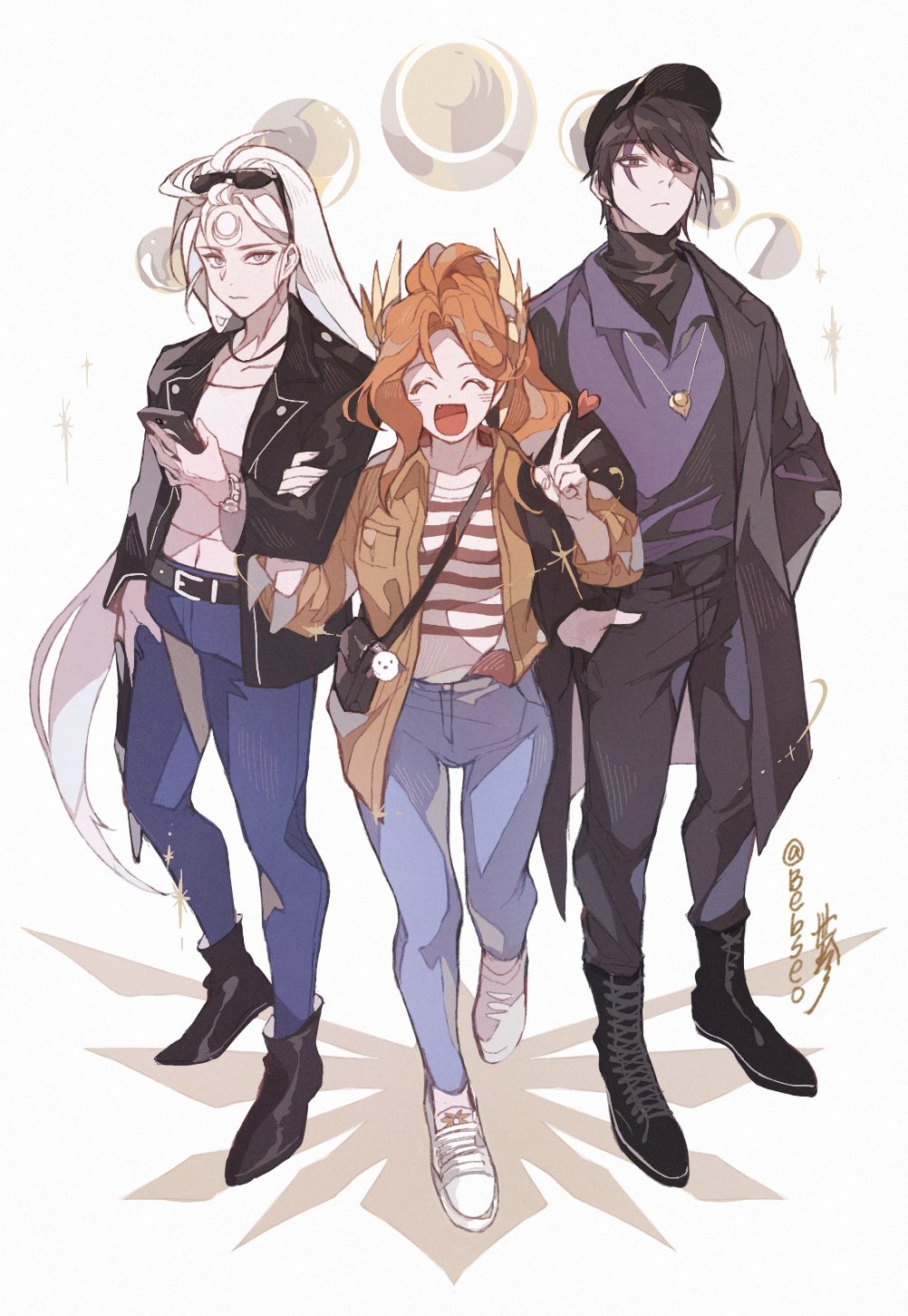 1boy, 2girls, ^_^, alternate_costume, aphelios, bebseo, black_eyes, black_hair