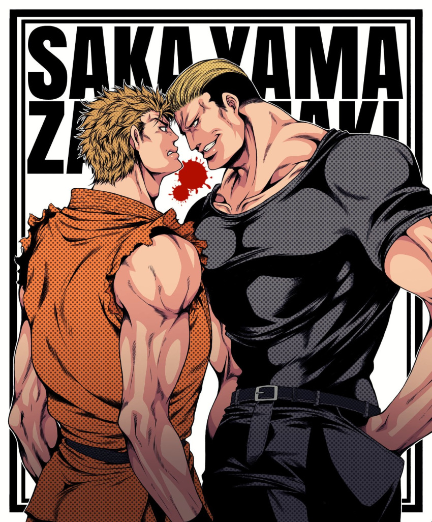2boys, black_shirt, blonde_hair, character_name, dougi, fatal_fury, grin, hands_in_pockets