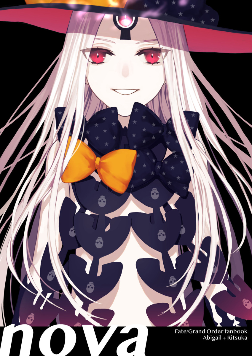 1girl, abigail_williams_(fate/grand_order), bangs, bare_shoulders, black_background, black_bow, black_headwear, bow