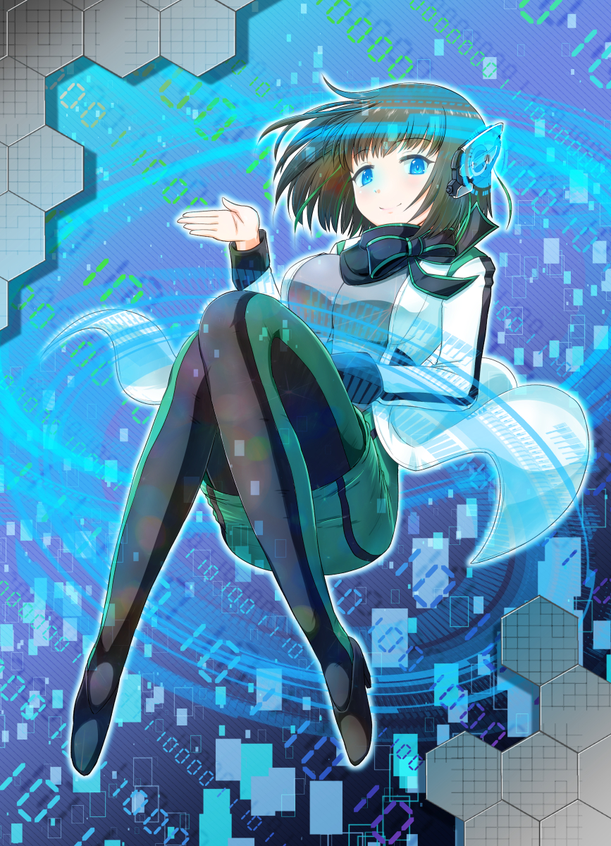1girl, android, bangs, black_footwear, black_legwear, blue_eyes, bob_cut, bow