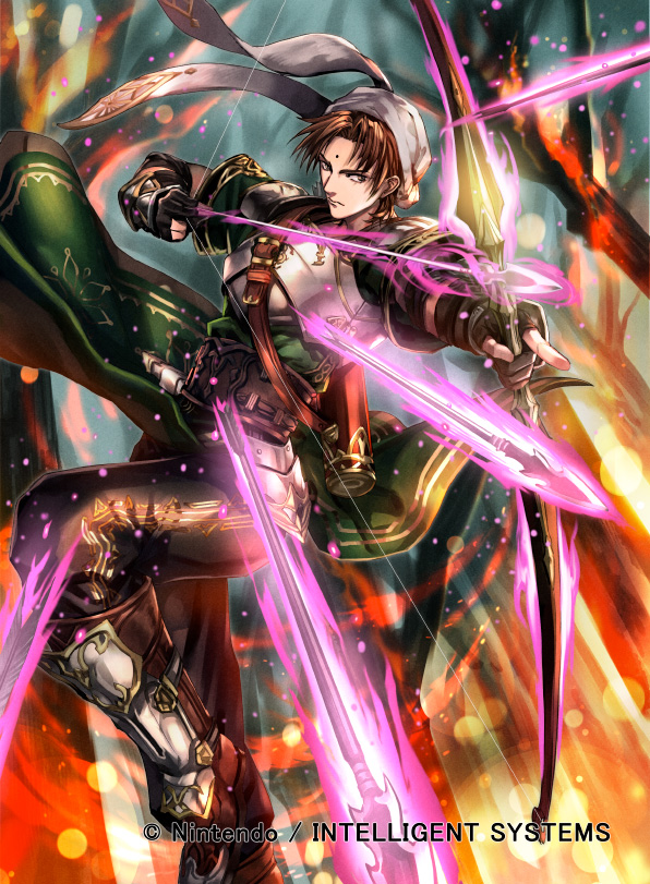 1boy, armor, arrow, bandana, belt, boots, bow_(weapon), brown_eyes, brown_hair, facial_mark, fingerless_gloves, fire, fire_emblem, fire_emblem:_three_houses, fire_emblem_cipher, forehead_mark, gloves, jamke_(fire_emblem), kuroba.k, official_art, quiver, solo, tree, weapon