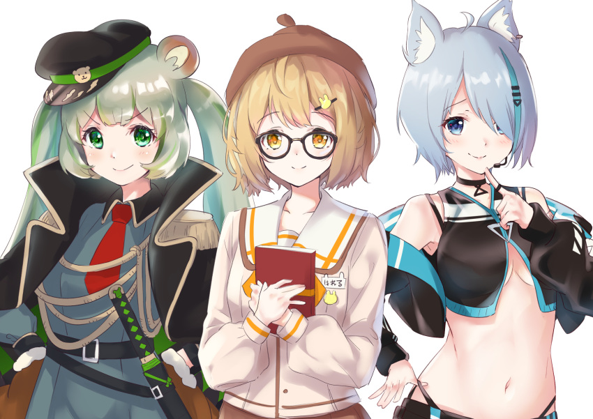 3girls, alternate_costume, alternate_hairstyle, animal_ears, animare, beret, blue_hair, book
