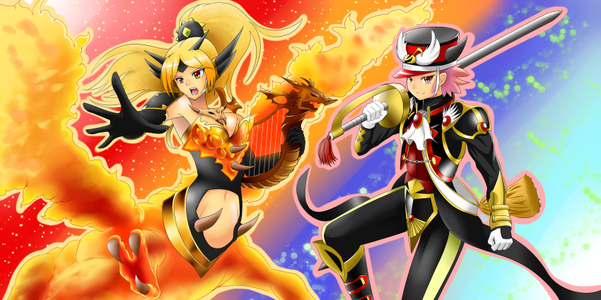 1boy, 1girl, armlet, armpits, ascot, bangs, bare_shoulders, black_pants