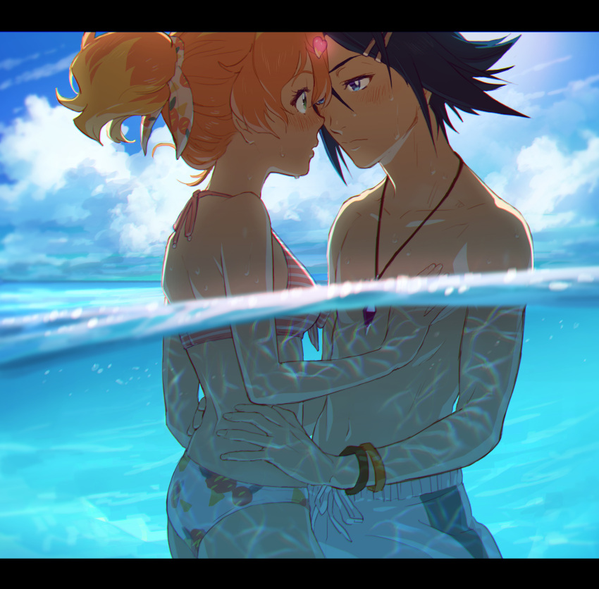 1boy, 1girl, absurdres, blonde_hair, blue_eyes, blue_hair, bracelet, brown_hair, collarbone, couple, day, eye_contact, freyja_wion, hair_between_eyes, hair_ornament, hairclip, halterneck, hands_on_another's_hips, hayate_immelmann, heart, heart_hair_ornament, highres, jewelry, looking_at_another, macross, macross_delta, medium_hair, mosako, multicolored_hair, necklace, ocean, outdoors, pink_ribbon, ponytail, print_bikini_bottom, ribbon, short_ponytail, striped_bikini_top, two-tone_hair, white_bikini_bottom, white_ribbon