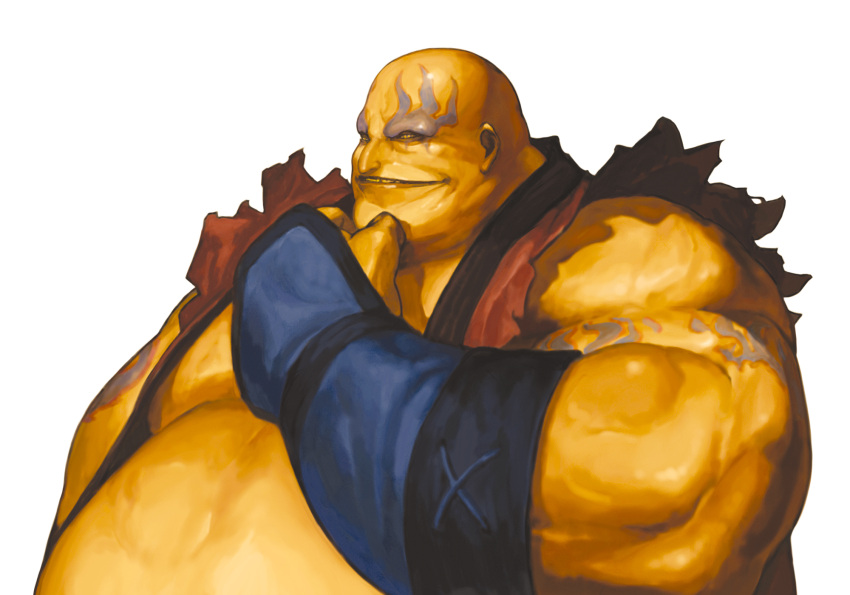 bald, big_belly, bust, earthquake, earthquake_(samurai_spirits), facial_tattoo, hand_on_chin, highres