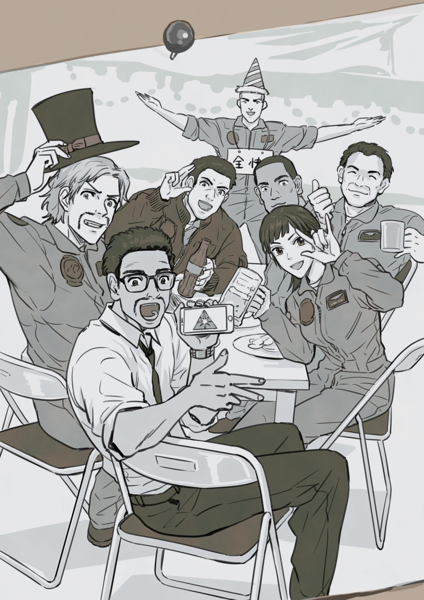 1girl, 6+boys, \m/, ace_combat, ace_combat_7, artist_request, black_hair, bottle, cellphone, chair, closed_eyes, count_(ace_combat_7), dark_skin, david_north, drink, everyone, glass, glasses, hat, highres, holding, huxian, jaeger_(ace_combat), lanza_(ace_combat), long_hair, looking_at_viewer, monochrome, multiple_boys, open_mouth, patch, phone, pilot, plate, ponytail, sitting, skald_(ace_combat), smartphone, smile, symbol, table, thumbs_up, top_hat, waving