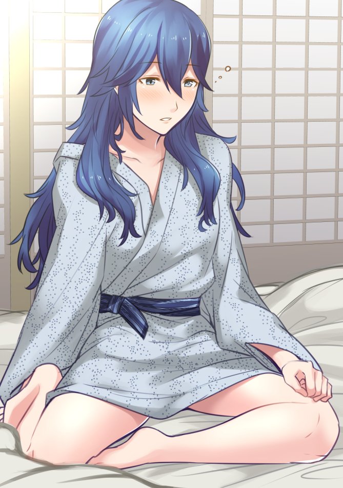 1girl, ameno_(a_meno0), bangs, bare_legs, barefoot, bed_sheet, blue_eyes, blue_hair