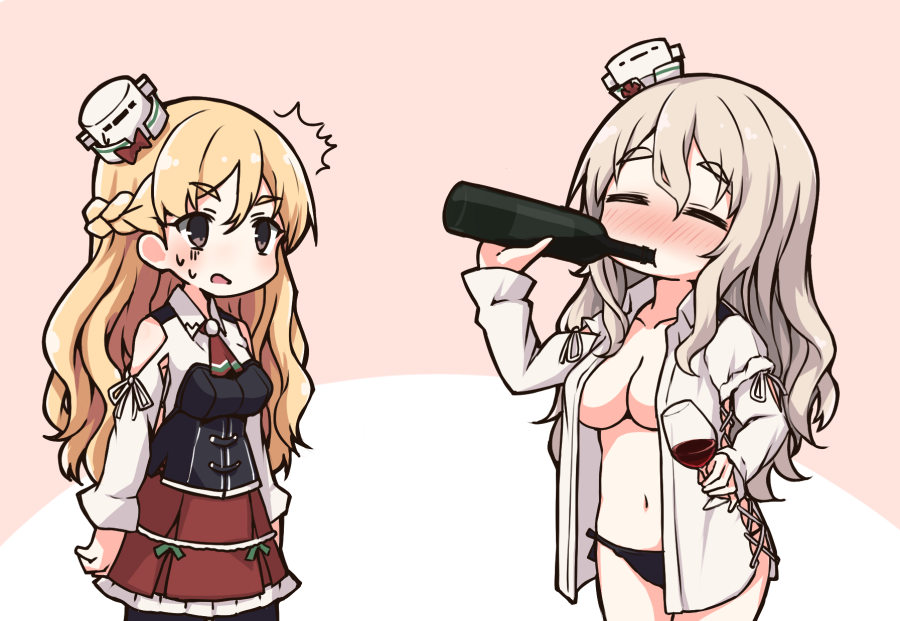 2girls, aki_inu, alcohol, bangs, black_panties, blonde_hair, blush, bottle
