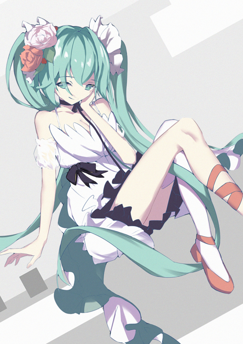 1girl, aqua_eyes, aqua_hair, armband, asymmetrical_legwear, black_bow, bow, dress