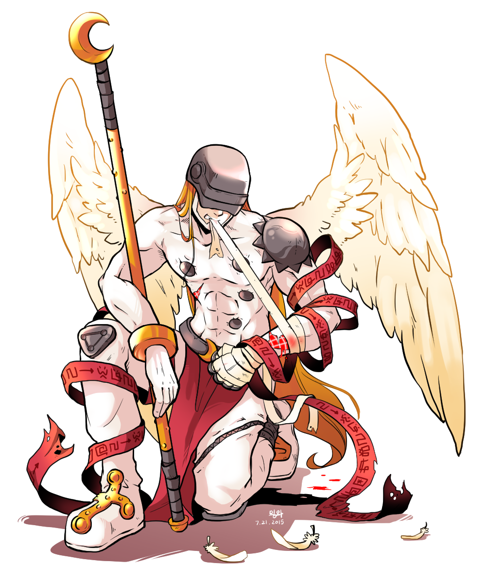 abs, artist_name, bandages, blonde_hair, boots, digimon, digimon_frontier, digimon_tales, feathered_wings, helmet, highres, long_hair, no_humans, pidmon, solo, teeth, wings
