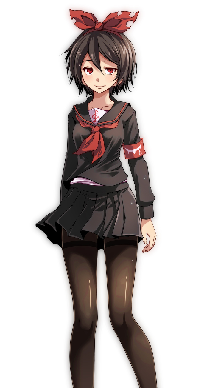 1girl, alternate_color, alternate_hair_color, armband, astray_(module), black_collar, black_shirt, black_skirt, bow, brown_hair, collar, collarbone, feet_out_of_frame, hair_bow, half-closed_eyes, highres, kagamine_rin, light_blush, long_sleeves, looking_at_viewer, miniskirt, neckerchief, pantyhose, project_diva_(series), red_eyes, red_neckwear, sailor_collar, school_uniform, shirt, short_hair, skirt, smile, solo, standing, torn_bow, treble_clef, tsukishiro_saika, vocaloid, white_background