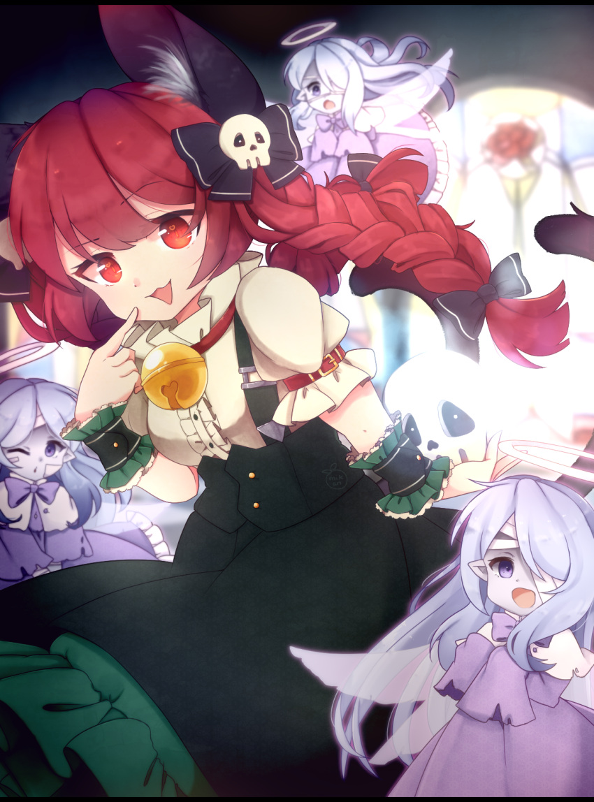 4girls, :3, alternate_costume, animal_ear_fluff, animal_ears, bangs, bell, blue_hair