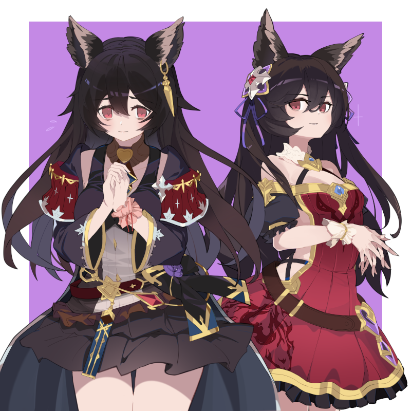 bags_under_eyes, black_hair, blue_flower, brown_neckwear, ear_piercing, erune, flower, granblue_fantasy, hair_between_eyes, harvin, kuurie_(granblue_fantasy), naoya_come, nier_(granblue_fantasy), piercing, purple_flower, purple_rose, robe, rose, scrunchie, wrist_scrunchie