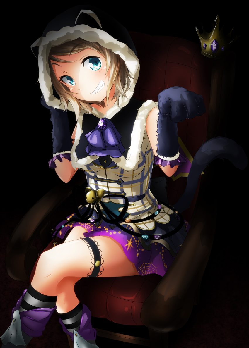 1girl, absurdres, blue_eyes, blush, clover_hair_ornament, crown, grey_hair, hair_ornament, halloween, highres, hood, love_live!, love_live!_school_idol_project, love_live!_sunshine!!, orange_hair, reddevils10, salute, short_hair, skirt, socks, watanabe_you