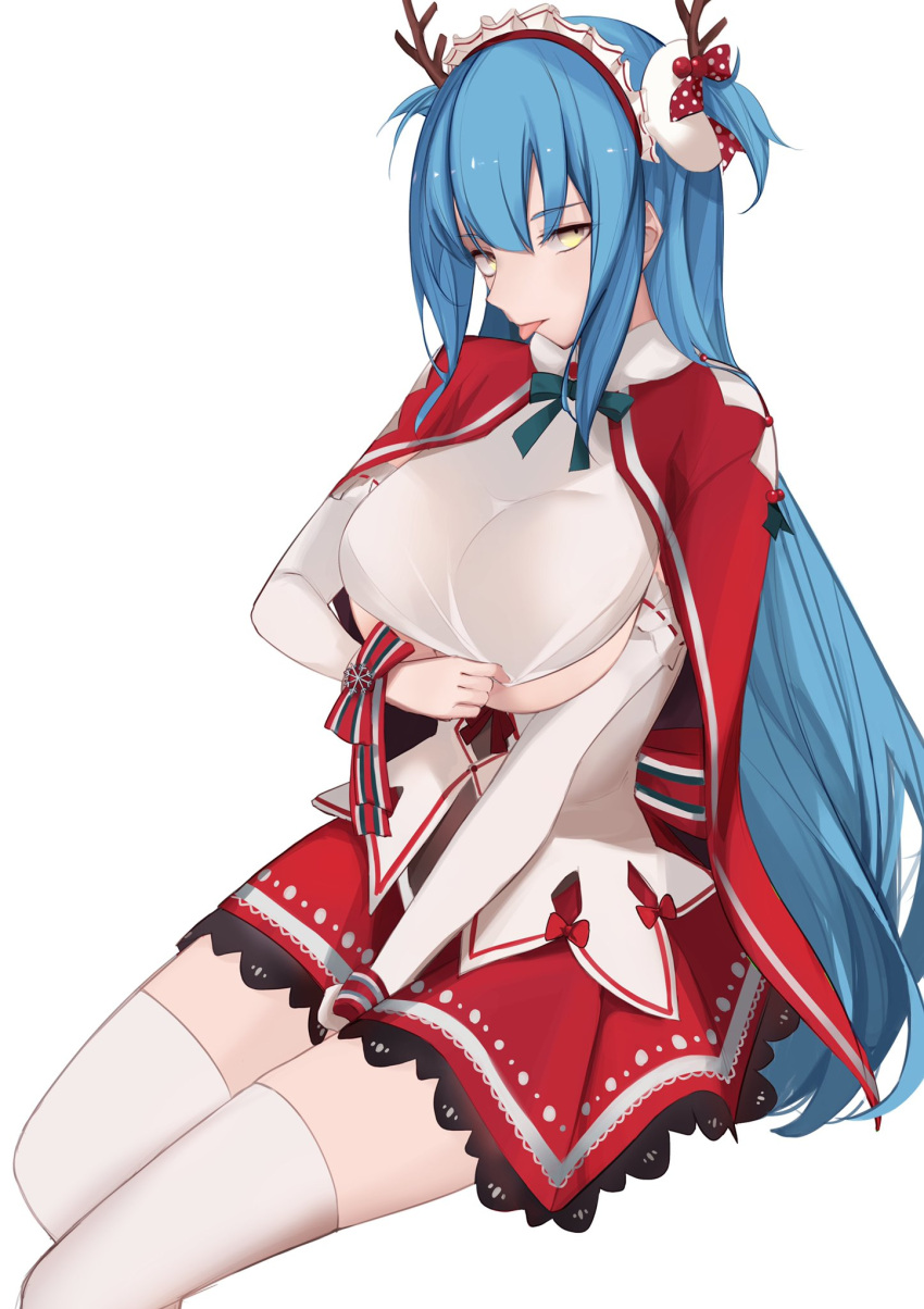 1girl, :p, antlers, azur_lane, between_legs, blue_hair, bow, breasts