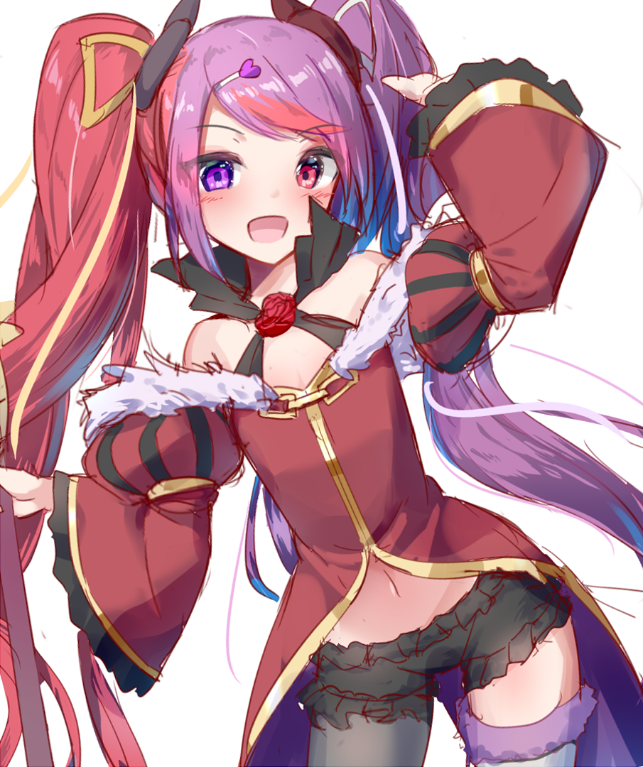 1girl, :d, arm_up, asymmetrical_clothes, bare_shoulders, cowboy_shot, frills, hair_ornament