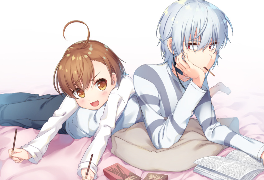 1boy, 1girl, accelerator, ahoge, albino, book, brown_eyes, brown_hair