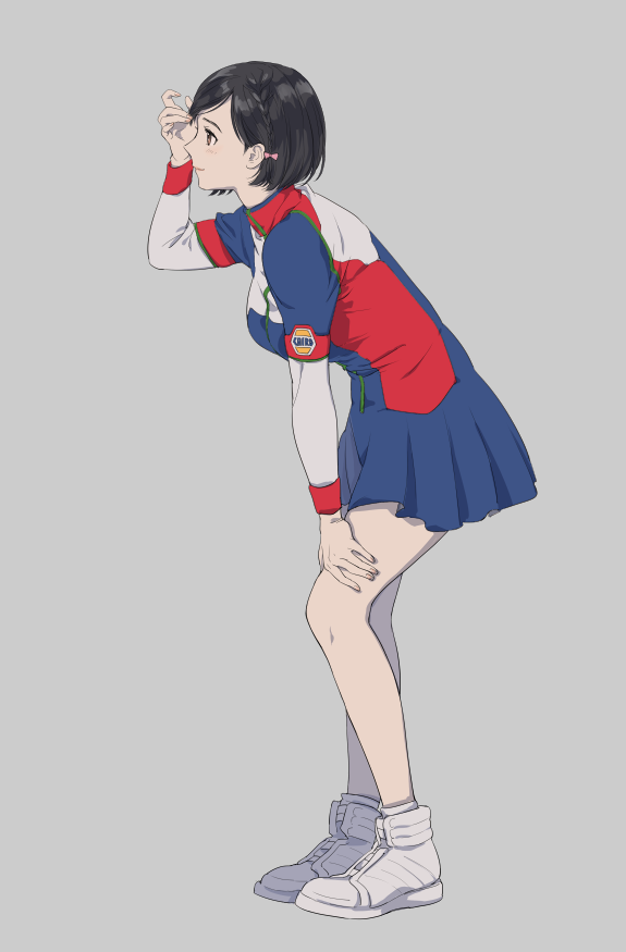 1girl, adjusting_hair, black_hair, blue_skirt, breasts, grey_background, hand_on_leg, hand_up