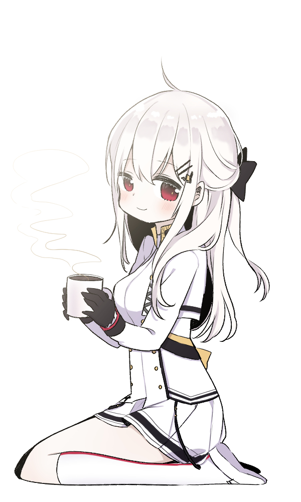 1girl, black_gloves, blush, cup, double-breasted, girls_frontline, gloves, hair_ornament