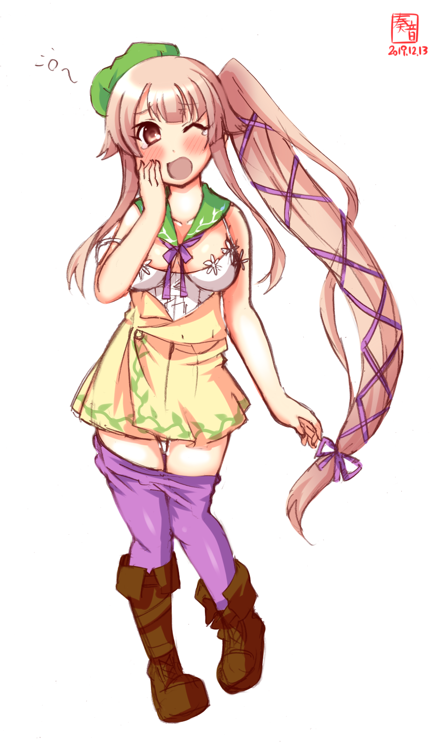 1girl, artist_logo, beige_dress, beret, boots, brown_eyes, brown_footwear, commentary_request